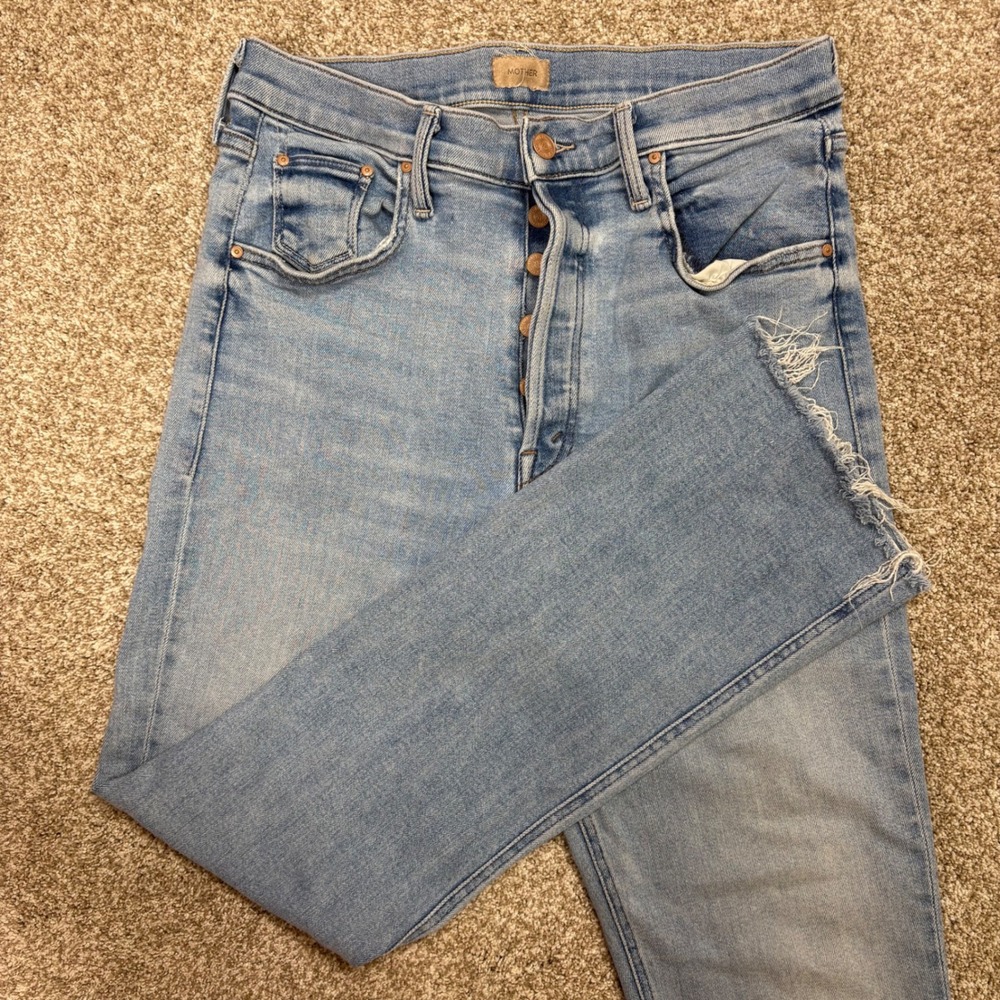 Mother The Tripper Ankle Fray Jeans Womens 30 Button Fly Flare 29" Inseam Blue